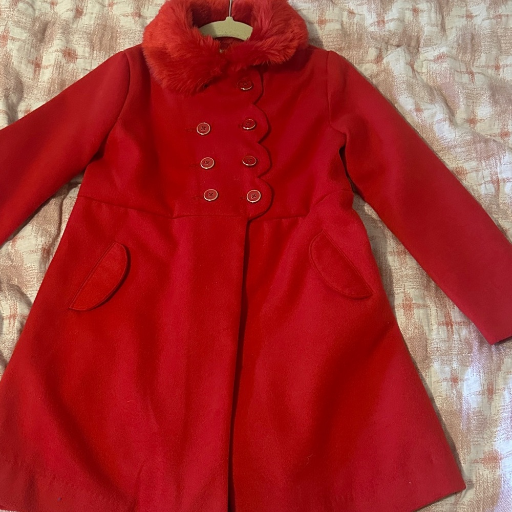 Janie and Jack Red Pea Coat with Faux Fur Collar